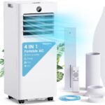 Klimaanlage Mobil 9000 BTU, Mobiles Klimagerät mit Abluftschlauch, Kühl-/Ventilations-/ Entfeuchtungs-/Schlafmodus 4-in-1, Digitalanzeige & Fernbedienung, 24H Timer, 360° Rollen, Inklusive Fensterset