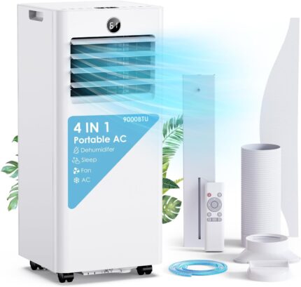 Klimaanlage Mobil 9000 BTU, Mobiles Klimagerät mit Abluftschlauch, Kühl-/Ventilations-/ Entfeuchtungs-/Schlafmodus 4-in-1, Digitalanzeige & Fernbedienung, 24H Timer, 360° Rollen, Inklusive Fensterset