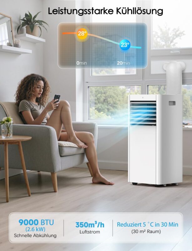 Klimageräte, 4-in-1 9000 BTU Mobile Klimaanlage für Räume bis zu 35 m² mit Luftkühler, Ventilator, Luftentfeuchter, Nachtmodus| Fernbedienung+ Timer+ Kindersicherung | AUTO Klimaanlage Mobil
