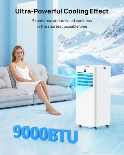 Klimaanlage Mobil 9000 BTU, Mobiles Klimagerät mit Abluftschlauch, Kühl-/Ventilations-/ Entfeuchtungs-/Schlafmodus 4-in-1, Digitalanzeige & Fernbedienung, 24H Timer, 360° Rollen, Inklusive Fensterset