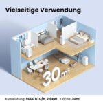 Comfee Mobiles Klimagerät Breezy Cool Pro 2.6,9000 BTU 2,6kW, Kühlen&Ventilieren&Entfeuchten,APP-Steuerung,Raumgröße bis 88m³(33㎡),Mobile Klimaanlage mit Abluftschlauch [Energieklasse A]