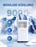 Klimaanlage Mobil 9000 BTU, Mobile Klimaanlage 4-in-1, Kühlung, Entfeuchtung und 2-Stufiger Belüftung, Mobiles Klimagerät mit Abluftschlauch, Digitalanzeige, 24h-Timer, Kühlfläche bis zu 88 m³(33㎡)