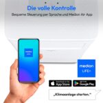 MEDION Smarte Mobile Klimaanlage mit Abluftschlauch P1002 (10000 BTU, mobil, inkl. Fensterabdichtung, bis 34m², 3in1 Kühlen Entfeuchten Ventilieren, App- und Sprachsteuerung, Schlafmodus, MD 37733)