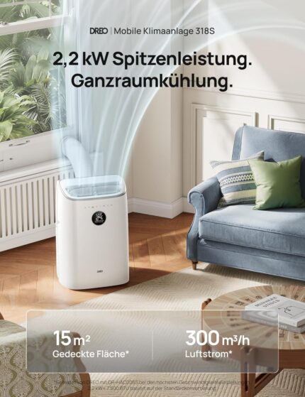 DREO Klimaanlage Mobil, 7.500 BTU Mobiles Klimagerät für Schlafzimmer & Büro, 3-in-1 Kühlen/Ventilieren/Entfeuchten, App-/Sprachsteuerung/Fernbedienung, drainagefrei, Fenster-Set, 2,5 L/h, AC318S